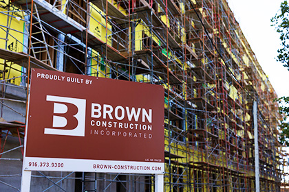 Brown Construction Aggie Square job site sign and street view