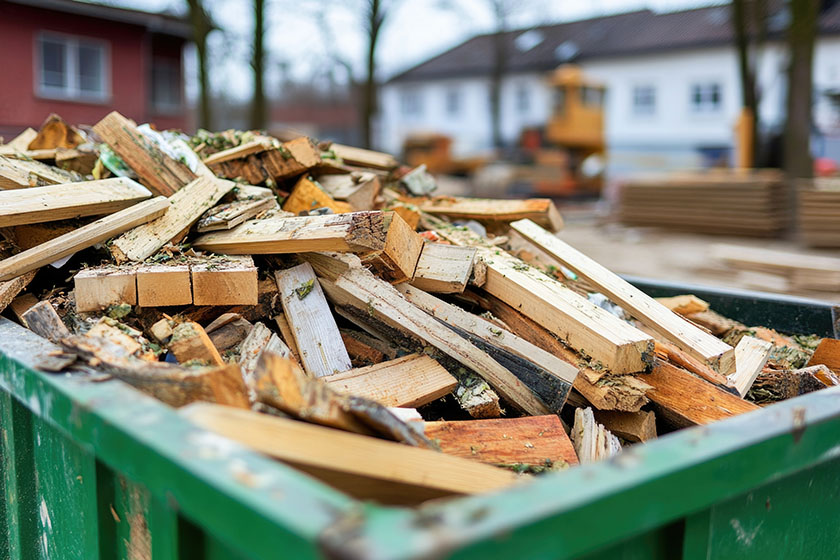 A pile of wood is placed in a green bin, ready for disposal or recycling.